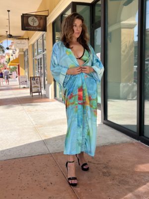 Wearable Art Satin Maxi Kimono. Turquoise Dreams